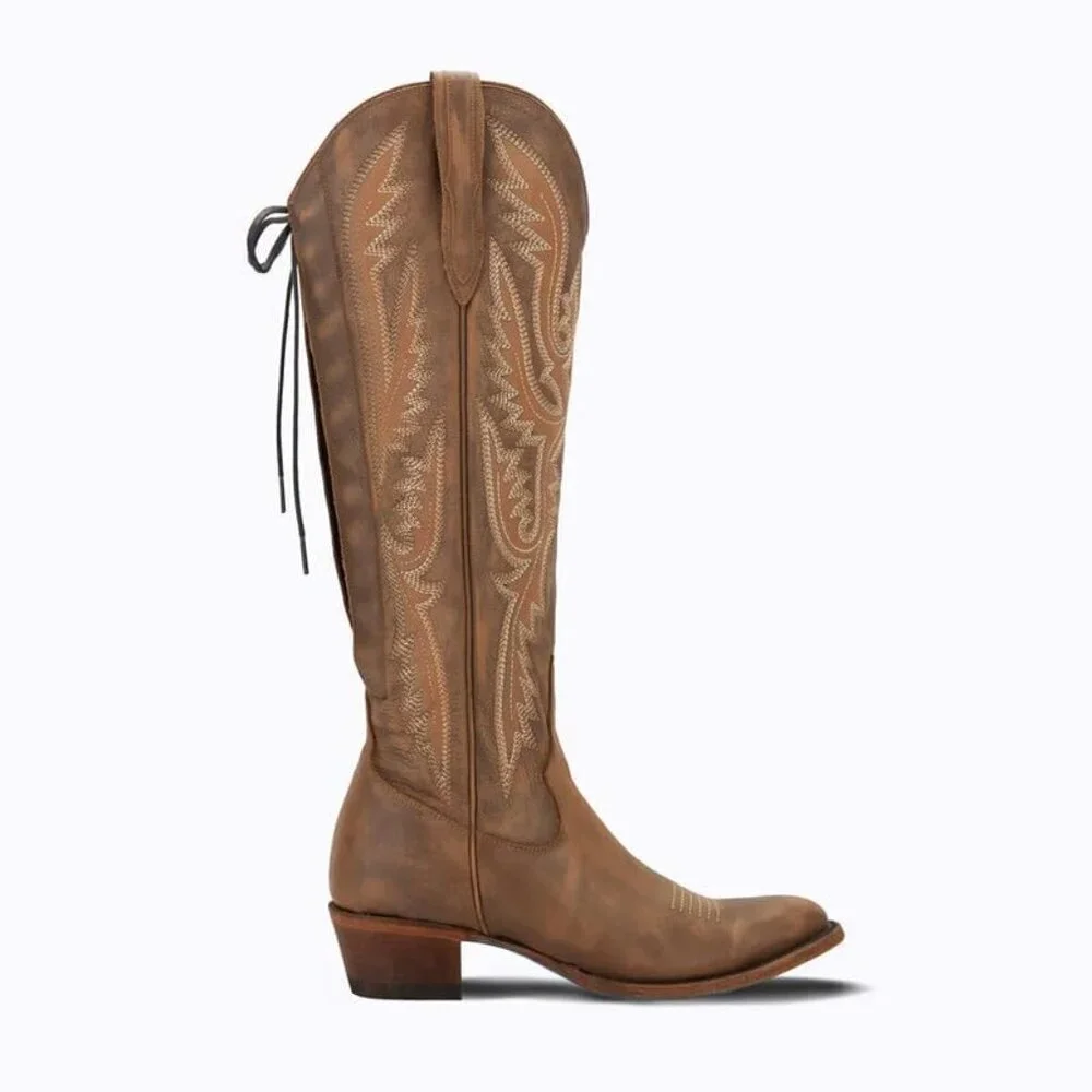 🆕Women Brown Polyurethane Over the Knee Adjustable Thigh High Cowgirl Boot